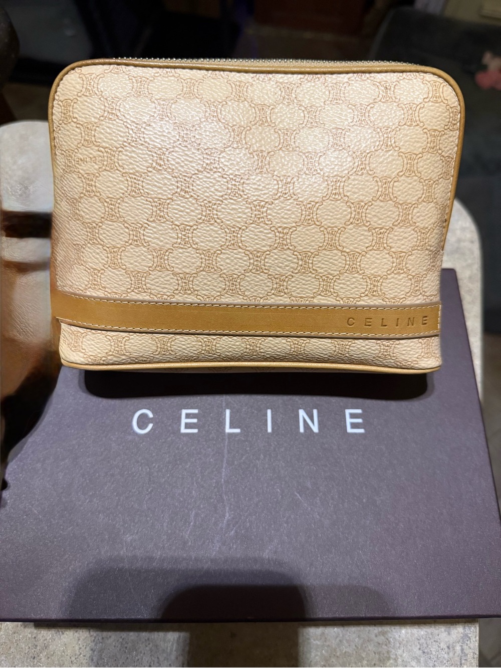 Celine Tan and Brown Triomphe Canvas Toiletry Pouch